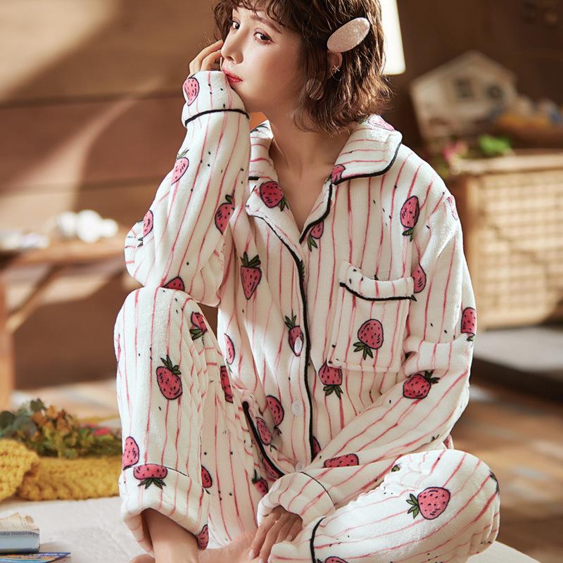 Coral Fleece Pajamas Women's Flannel Pyjamas Plus Size Velvet Thick Sleepwear Autumn Winter Warm Home Wear Suits Tops Pants Sets Long Sleeve Outwear