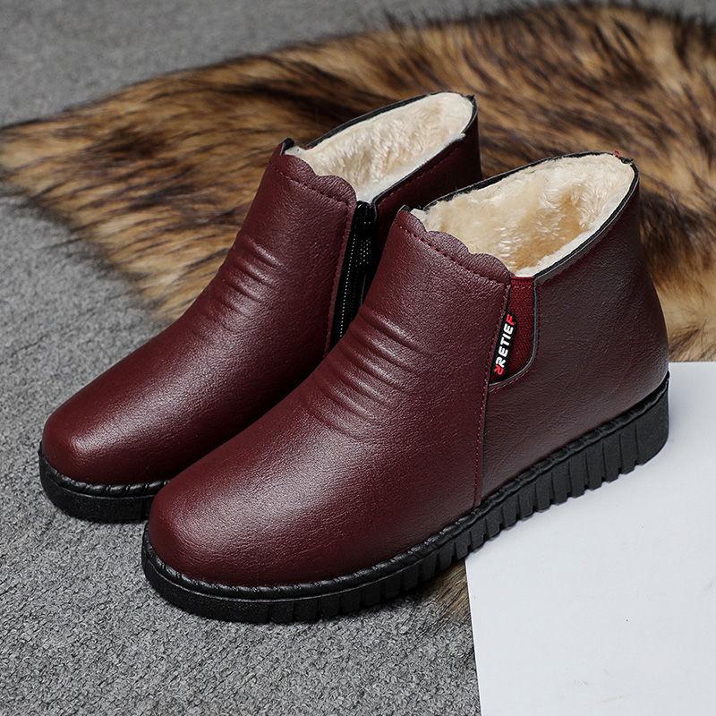 Women's Boots Thickened Warm Middle-aged Elderly Cotton Shoes Women's Winter Shoes Plus Velvet Non-slip Flat Soft Bottom Comfortable Leather Shoes