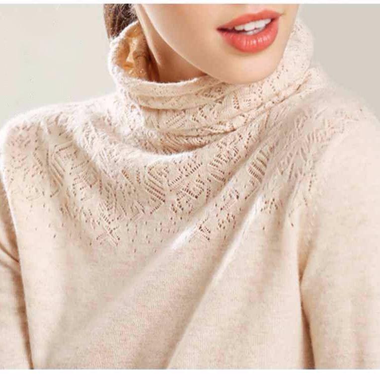 Autumn and Winter Knitted Hollow Wool Sweater Pile Pile Collar Bottoming Shirt Turtleneck Pullover  Blouse Women