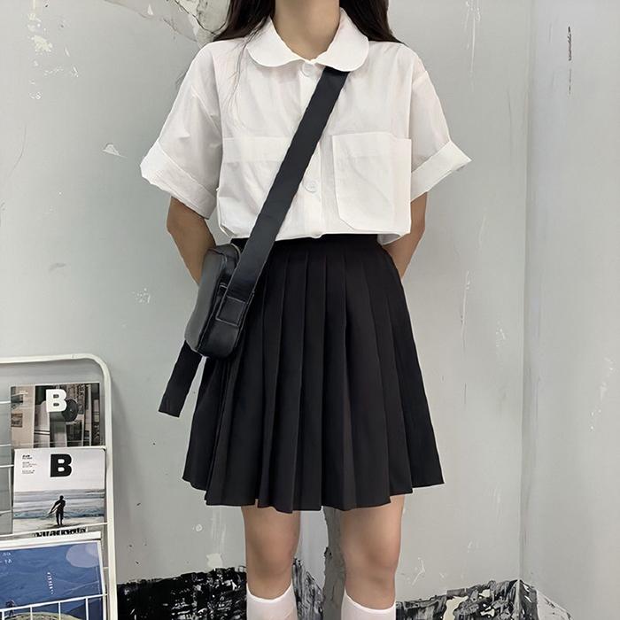 Women Large Size Elastic High Waist Thin Pleated Skirt Anti-light Student Sexy Black A-line Skirt