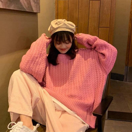 PofuloveV-neck solid sweater jacket women student lazy wind thick pullover sweater women wild