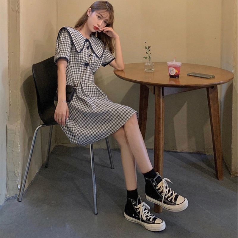 Baby Collar Bubble Sleeve Plaid Graceful Dress Summer Gentle Retro Elegant Slim Dress