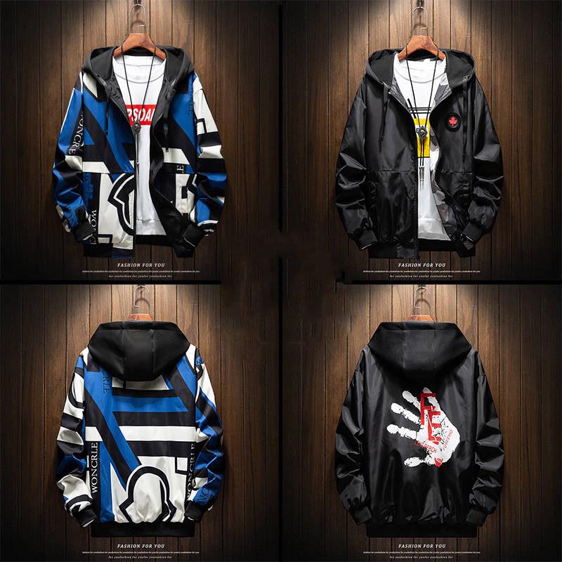 Autumn Men's Jackets Coats Male Casual Slim Stand Collar Print Bomber Jacket  Both Sides To Wear