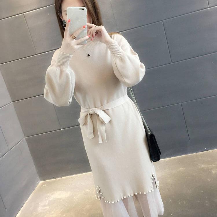 Women's Autumn and Winter Mid-length Half High Collar Pearl Two-piece Sweater Solid Color Mesh Splicing Belt Knitted Dress
