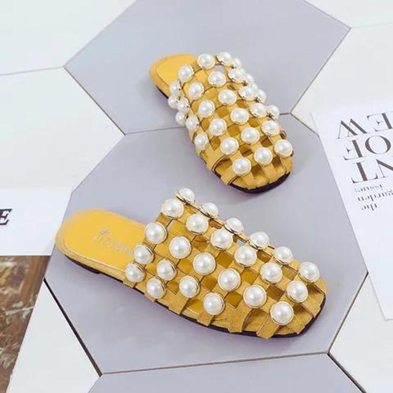 Women's Shoes Hollow Bright Beads All-match Casual Sandals with Low Heels Convenient and Not Hurting Feet Korean Pearls