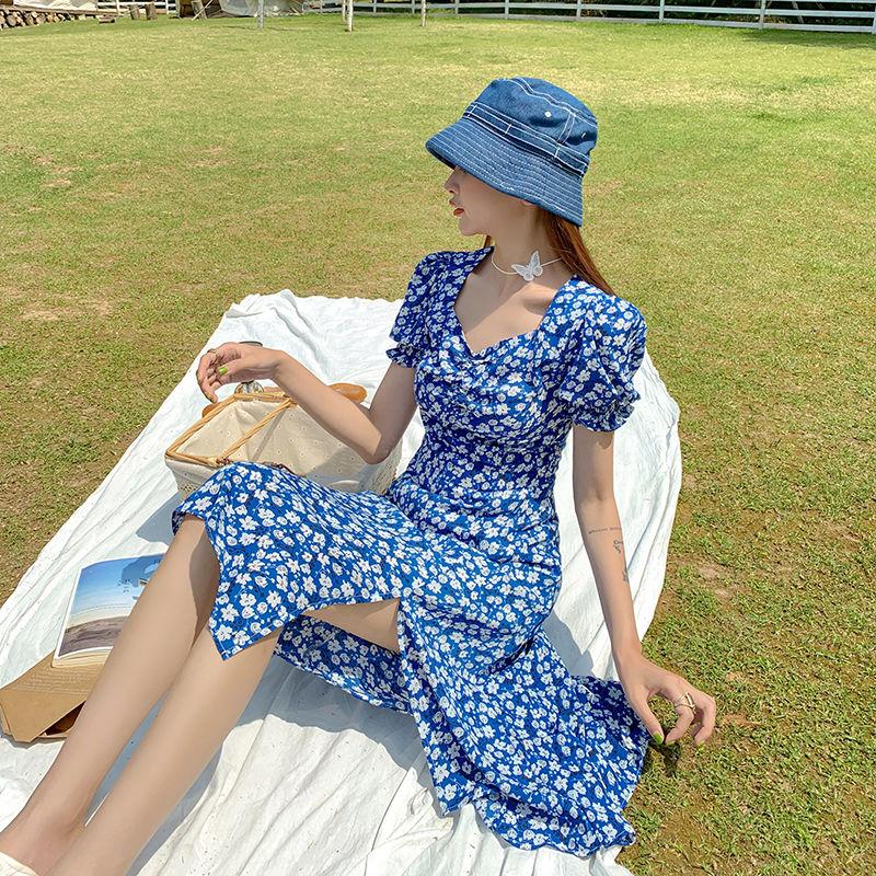 Women's Summer French Elegant Retro Waist Waist and Side Split Temperament Medium Long Chiffon Floral Dress