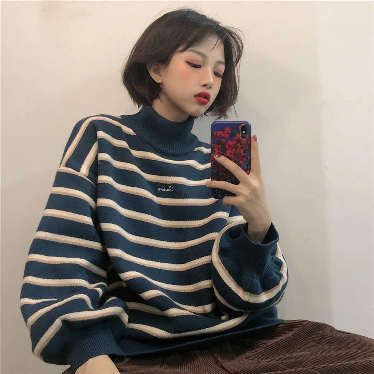 Striped knit jacket coat Thick color-matching turtleneck female student lazy wind loose pullover