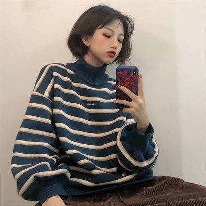 Striped knit jacket coat Thick color-matching turtleneck female student lazy wind loose pullover