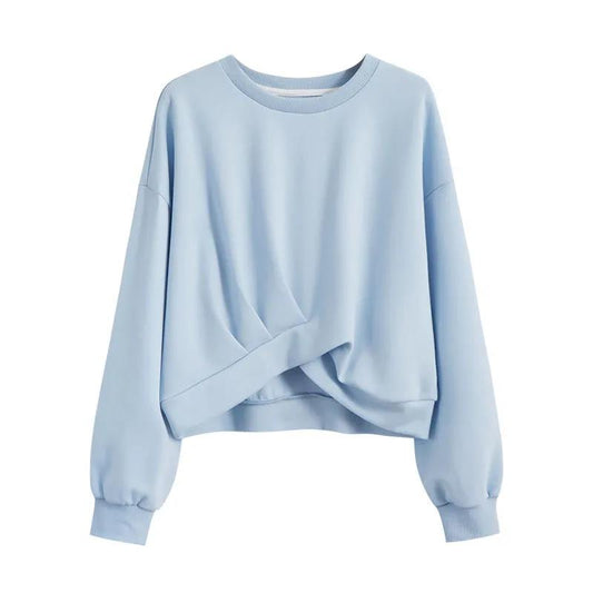 Blue Irregular Sweatshirts Women's Spring and Autumn Round Neck Pullover Short Top Design Sense