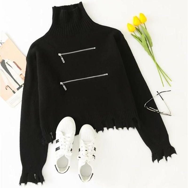 Women's Solid Color Trendy Fashion Zipper Slim Bottoming Sweater High Neck Tassel Short Knit Sweater