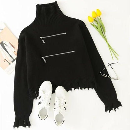Women's Solid Color Trendy Fashion Zipper Slim Bottoming Sweater High Neck Tassel Short Knit Sweater
