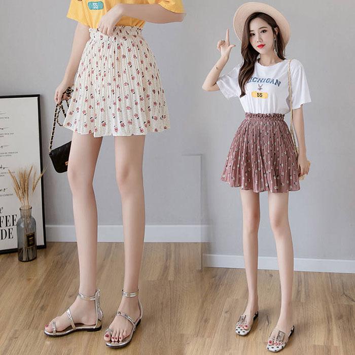 Pofulove Women Pleated Chiffon Skirt High Waist Slim Floral Package Hip Skirts Mini A-line Skirt