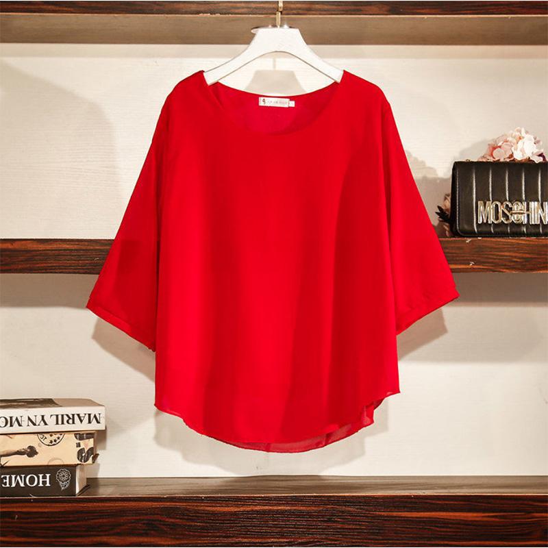 Solid Color Round Neck Pullover Shirt Chiffon Shirt Five-point Sleeves Plus Fat Plus Size Women's Loose and Thin