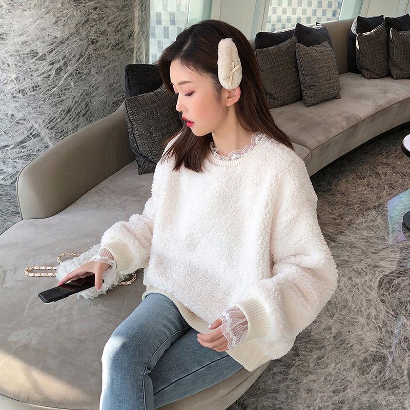 Pofulove Women's Hedging Thick Plus Velvet Winter Wool Coat Fake Two Pieces of Lace Lambskin Sweater