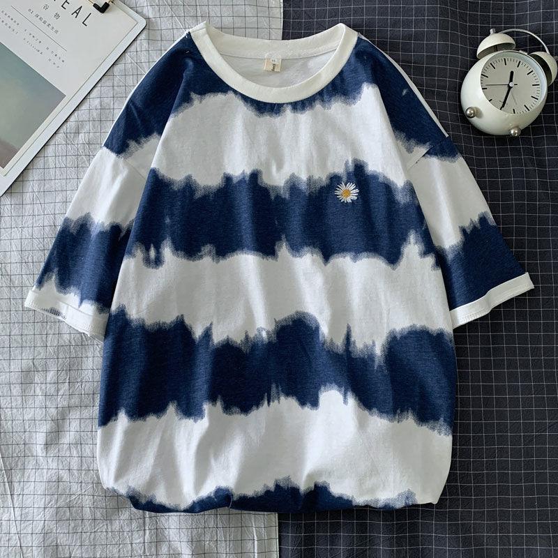 Summer Short-sleeved Loose Chrysanthemum Print Half-sleeved Versatile Five-point Sleeve Top
