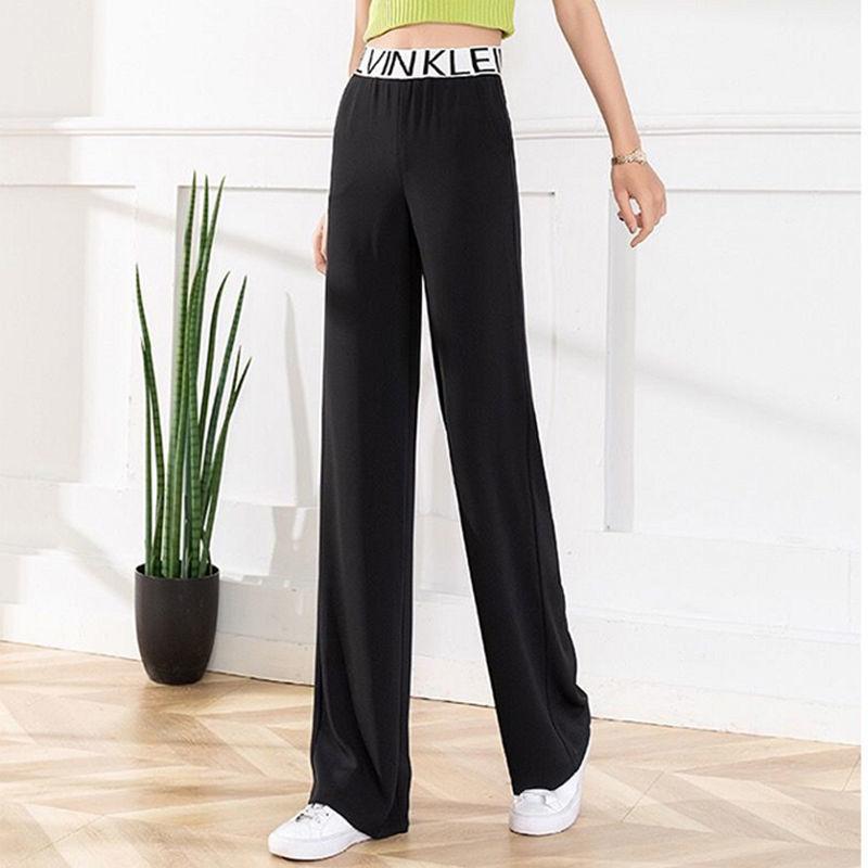 Impermeable White Ice Silk Wide-leg Pants Female High-waist Drape Letter Waist Summer Loose and Thin Chiffon Straight Trousers