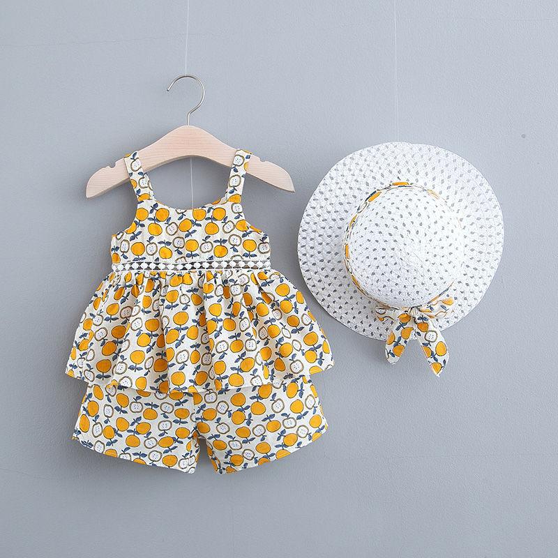3PCS Children Clothing Set Spring Summer Sling Girls Suits Sleeveless Chrysanthemum Tops + Pants + Hats Clothing Set