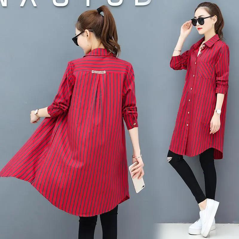 Women's Long-sleeved Striped Shirt Loose Casual Plus Size Mid-length Blouse