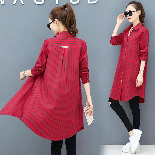 Women's Long-sleeved Striped Shirt Loose Casual Plus Size Mid-length Blouse
