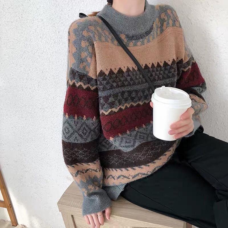 Vintage Geometric Pattern printed Sweater Women Loose Casual Pullover Sweater Top Students All-match Knitwear Outer Wear