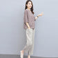 Cotton and Linen Suit Women's Striped Top Trousers Casual Two-piece Suit Pants Striped Shirt Elastic Waist Casual Pants Ladies Loose Casual Suit