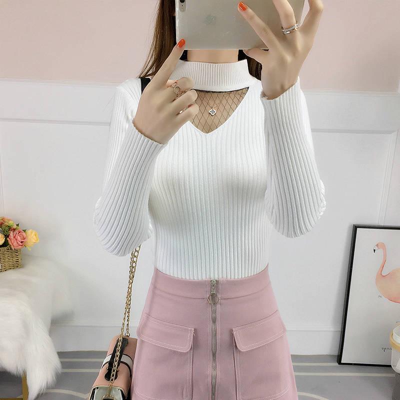 Pofulove sweater women's autumn new V-neck hollow lace winter coat thick long-sleeved bottoming shirt women