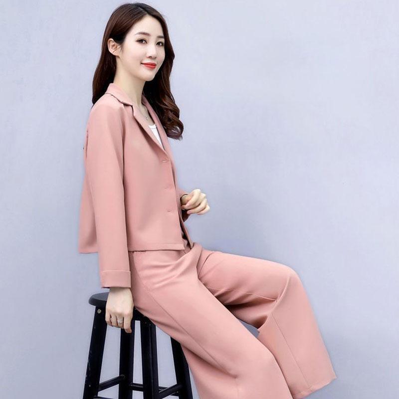 2PCS Women's Loose Wide Leg Pants Suit Spring/Autumn Fashion Casual Western Style Short Two-piece Set Elegant Trend Solid Sets Ladies Solid Color Suit