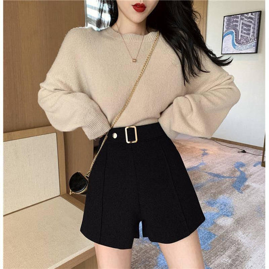 Wool Shorts Women High Waist Plaid Wide Leg Shorts Casual Loose Boots Shorts