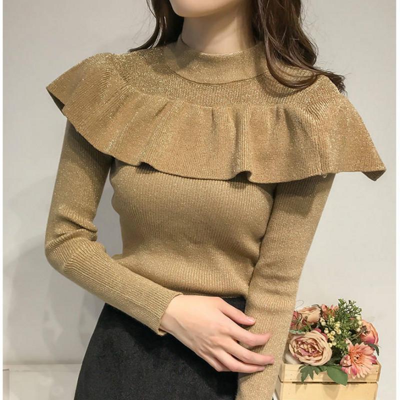 Bright Silk Ruffled Glitter Gold Thread Pullover Long sleeve Knitted Bottoming Sweater