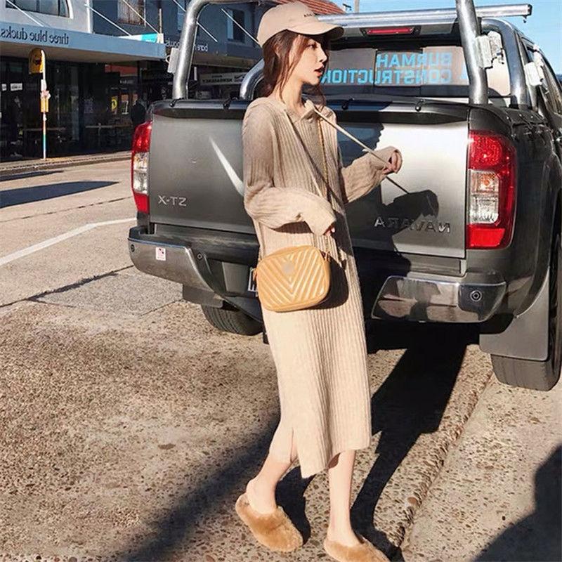 Autumn  Winter Thick Korean Mid-length Sweater Women Over The Knee Knit Sweater Dress Versatile Hooded Base Skirt