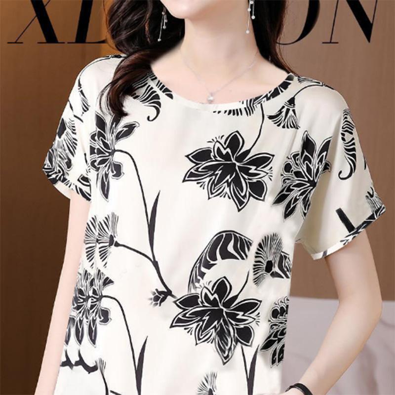 Large Size Women's Fashion Printing T-shirt Women's Summer Thin Section Fat Mother Western Style Loose Round Neck Top Bottoming Shirt