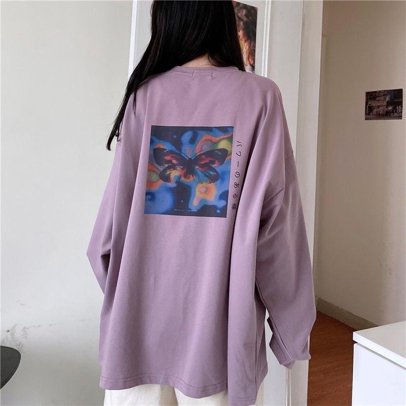 Women's Summer Tshirt Butterfly Print T-shirt Casual Loose Fall Long Sleeve Tee Top Pullover