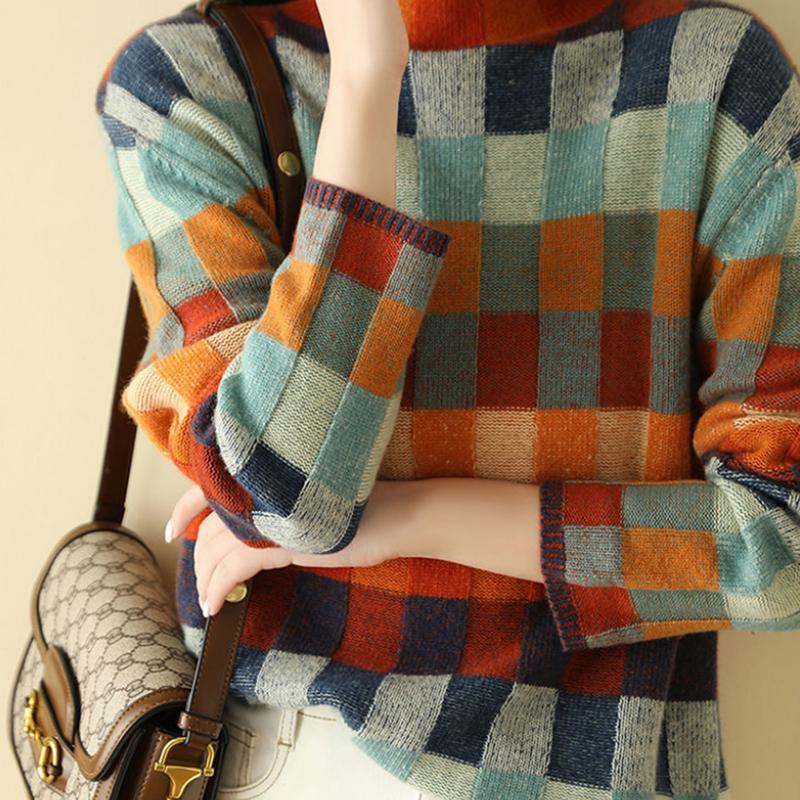 Gorgeous Colorful Checkerboard Knitted Sweater Women Autumn and Winter High-necked Lazy and Thin Outer Wear Plaid Sweater Women