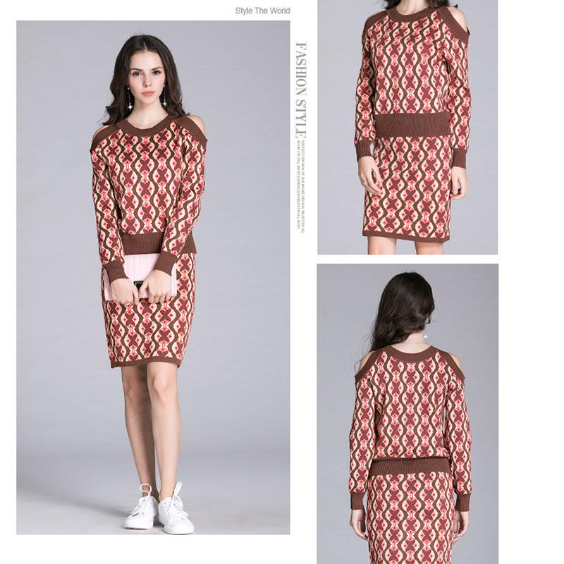 Women's Sweater Skirt Set Vintage Printed Off-shoulder Knitted Sweater Top and Bodycon Knitted Skirt Two-piece Set Female Outfits