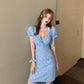 Summer Tight-fitting Short Skirt French Retro Floral Square Collar Waist Floral Skirt Female Puff Sleeve Dress