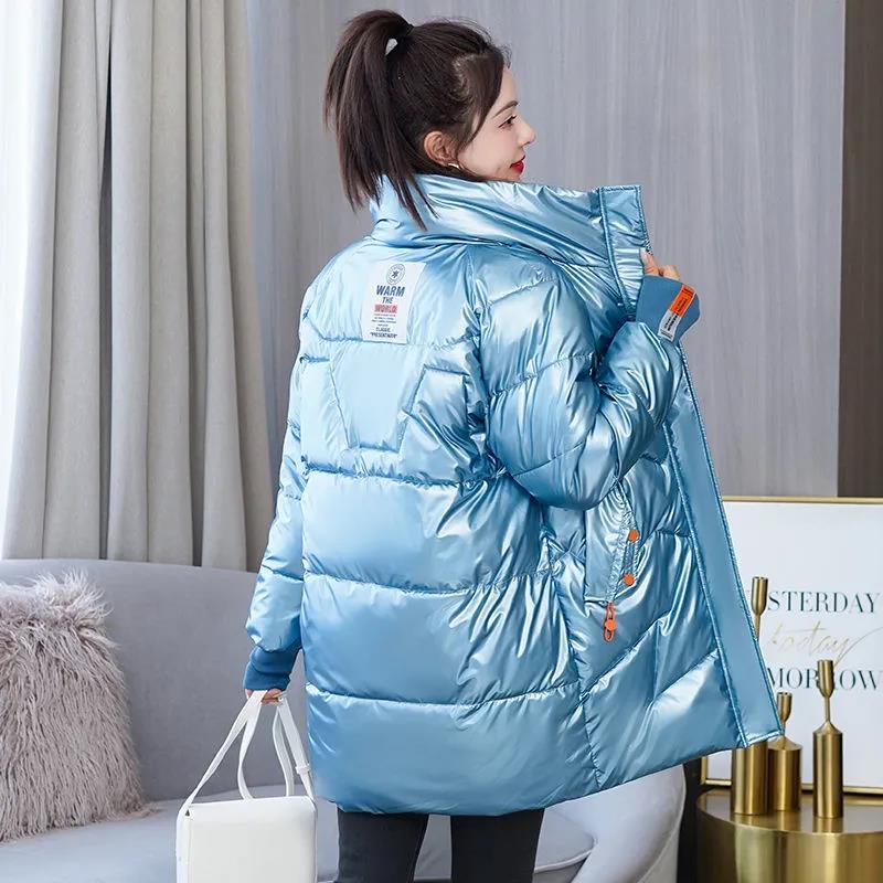 Down Cotton Jacket Winter Loose Korean Color Shiny Face-free Collar Mid-length Cotton Jacket Women