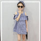 Summer Toddler Kids Baby Girls Lovely Clothes Blue Striped Off-shoulder Ruffles Party Gown Formal Dresse