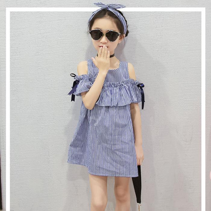 Summer Toddler Kids Baby Girls Lovely Clothes Blue Striped Off-shoulder Ruffles Party Gown Formal Dresse