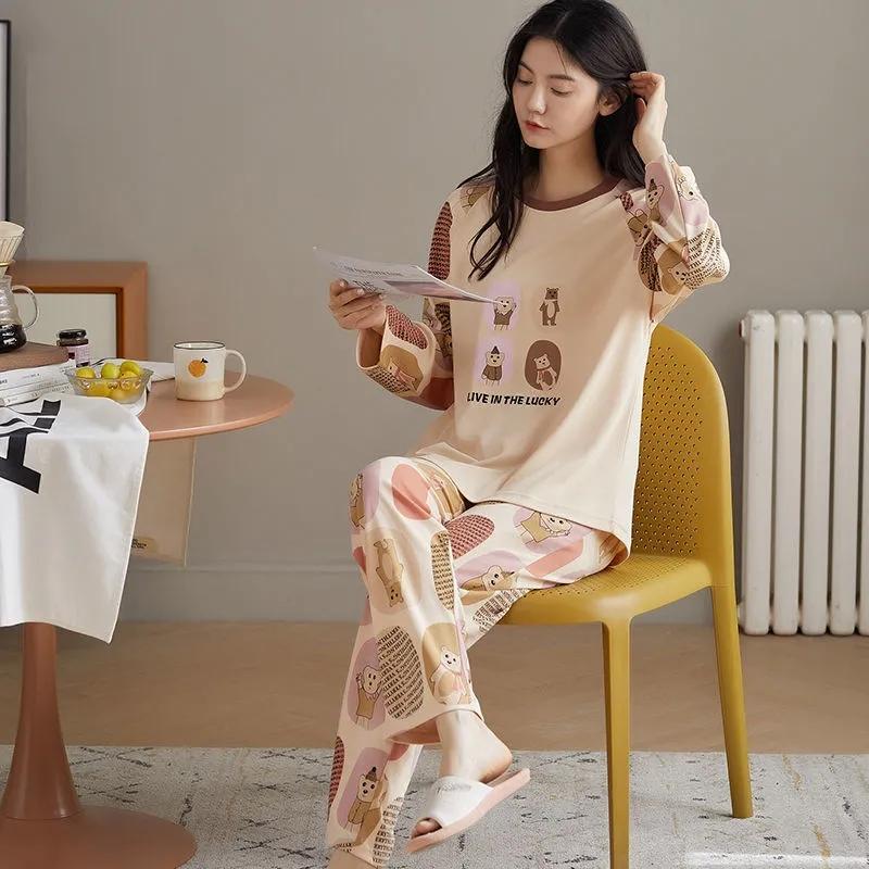 Women's Pajamas Suit Cotton Long Sleeve Home Wear Casual Loose Sleepwear Autumn Winter Female Pyjamas Tops and Pants Sets Cute Pullover