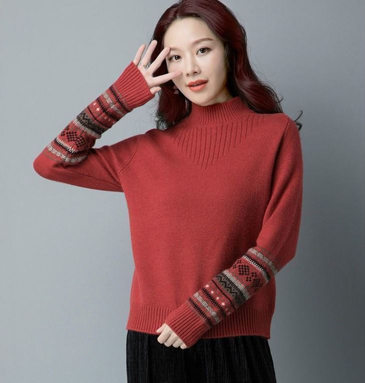 Plus Size Women Vintage Embroidered Sweater Fashion Half Turtleneck Pullover Overwear Long Sleeve Knitwear