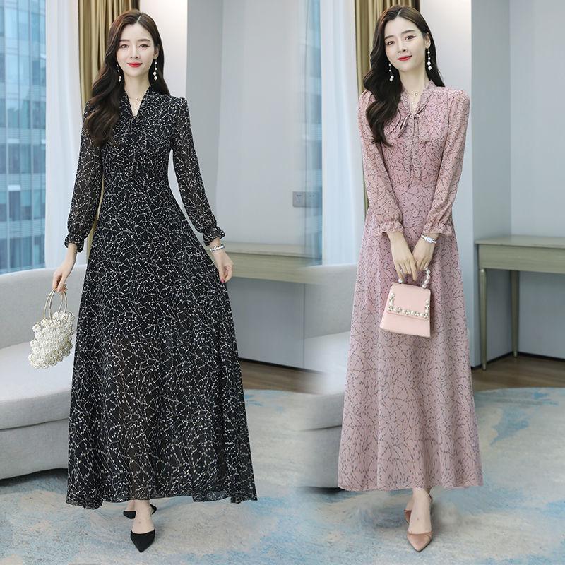 Chiffon Bowknot Dress Printed Base Dress Long Sleeve Floral Big Swing Long Skirt Large Size Women's Clothing Waist Waist Thin Thin Fabric