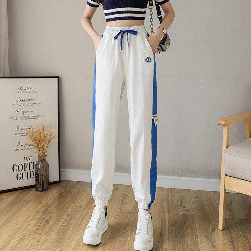 WTEMPO Stitching Stripes Sport Pants Elastic Waist Joggers Casyal Women Long Sweatpants Loose Casual Solid Color Baggy Trousers