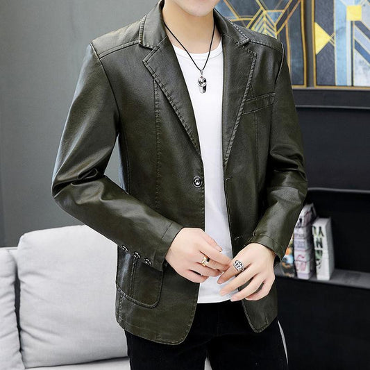 Leather Men's Autumn and Winter Slim Korean Leather Jacket Business Casual Plus Velvet Thick Leather Suit Jacket