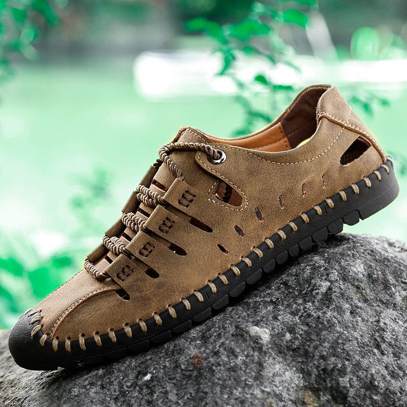 Summer Men's Leather Sandals Business Casual Outdoor Beach Roman Shoes Solid Color Design
