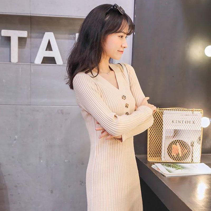 Over The Knee Long Sweater Dress In Autumn and Winter, Slim V-neck Long-sleeved Bottoming Shirt, Buttocks Knitted Female Dress