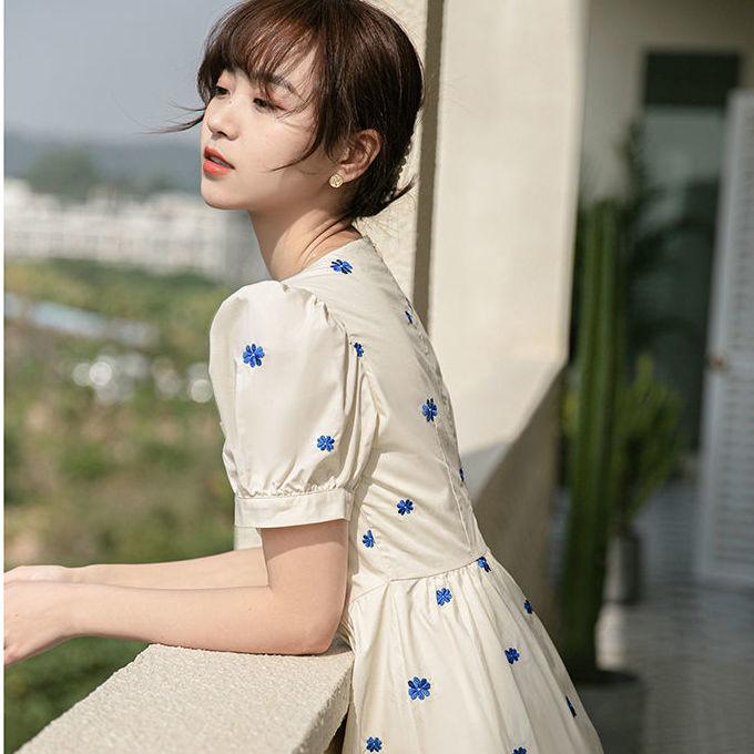 Female Summer Vintage Floral Print Square Neck High Waist Dress Slim Elegant Holiday A-line Dress