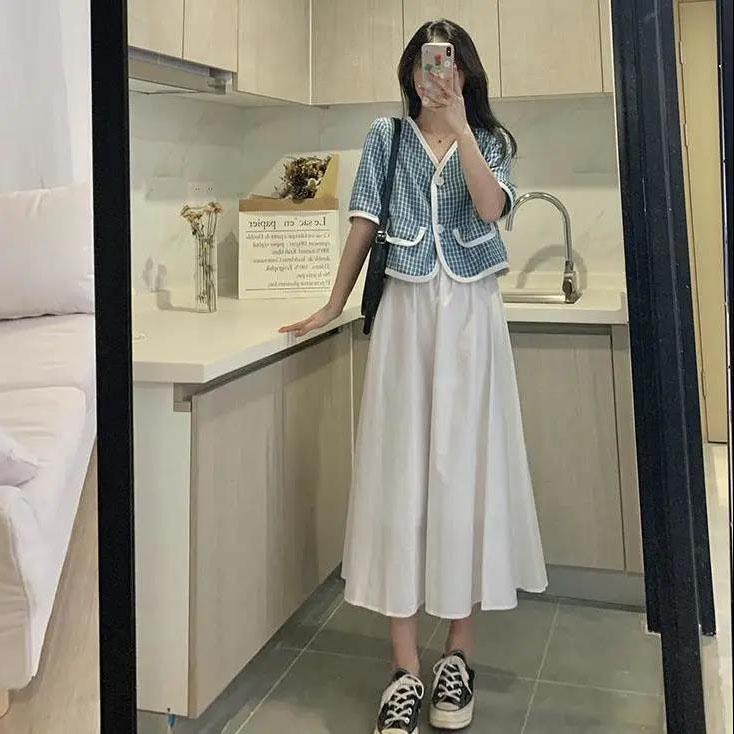 Women Elegant Casual Skirt Suit Summer V-Neck Long Skirt Vintage Two-piece Set Female Slim Holiday Skirt Set