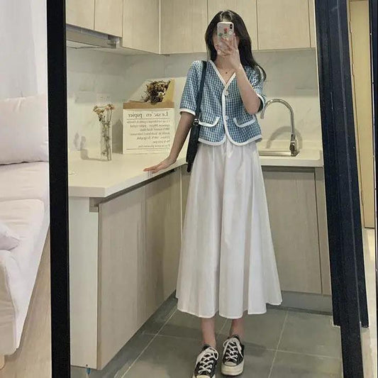 Women Elegant Casual Skirt Suit Summer V-Neck Long Skirt Vintage Two-piece Set Female Slim Holiday Skirt Set