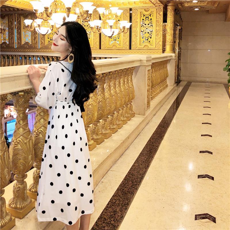 Black and White Point High Waist Temperament Was Thin V-neck Long Section Split Chiffon Dress