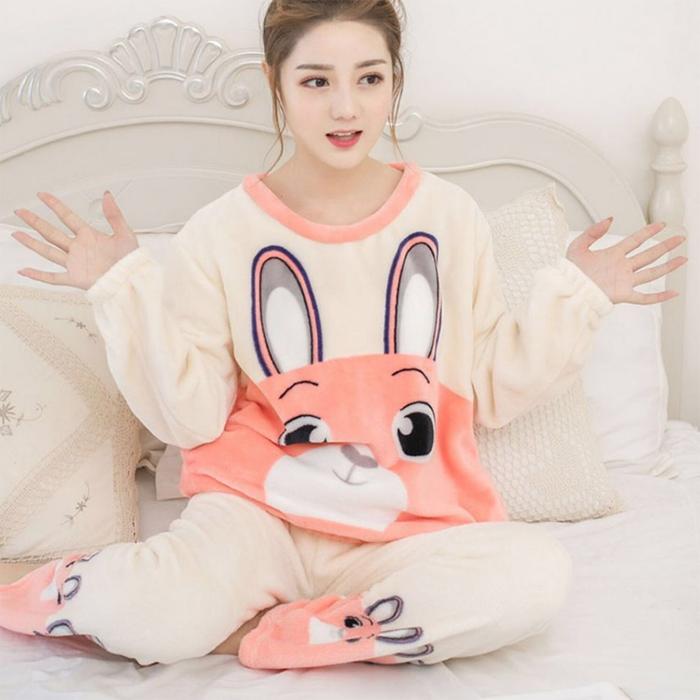 Genuine Flannel Autumn and Winter Women's Pajamas Plus Velvet Thick Coral Fleece Suit Large Size Warm Home Service